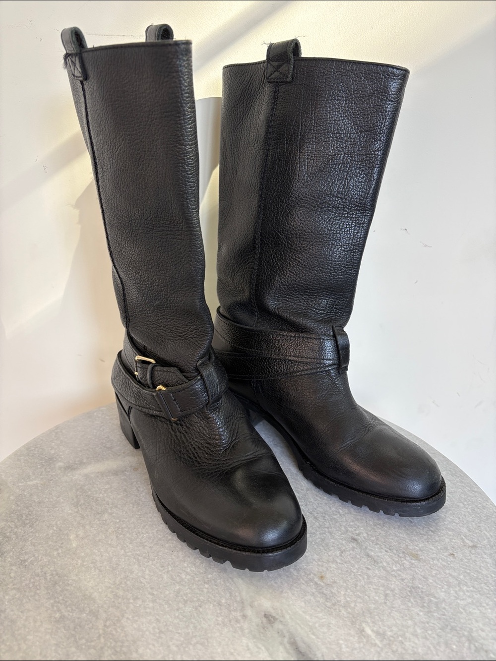 DVF Women’s Black Leather Mid-Calf Buckle Boots